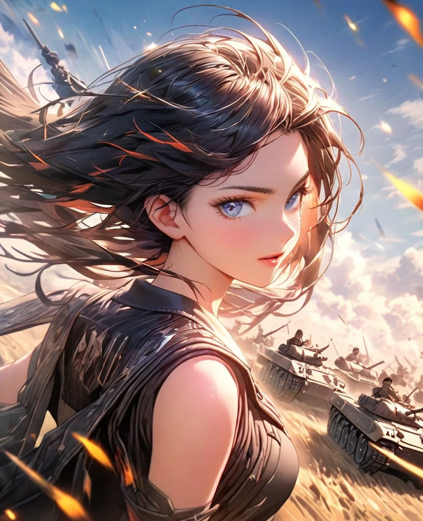 8k,Cool beauty,Very delicate and beautiful,Beautiful and realistic skin,Black Hair、Long and colorful hair,Beautiful Eyes,good,Plains、blue sky、army、tank、battle、uniform、