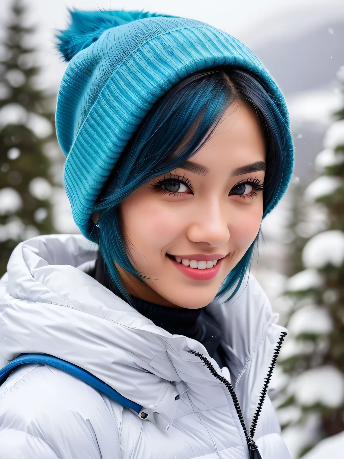 (blue hair:1.4), short hair, realistic green eyes, cobalt hair, long bob hair, tousled hair, shoulder length hair, Full body, woman with white skin and Asian features, 24 year old, big breast. She has a small, elegant nose with a slight upward curve at the tip. Her lips are full and naturally pink, with a well-defined Cupid's bow. Her teeth are straight and white, enhancing her captivating smile. Her face has an oval shape with high cheekbones that add to her model-like appearance. highly detailed glowing eyes, specular light, extreme quality, crystal clear, cute face, detailed skin pores, oil Dark skin, brown, complex eye details, 8K, ((high quality, 8K, Ultra HD, high quality, high quality, High resolution, realism)) 、A 22-year-old extremely beautiful white woman、smile、Slender but well-proportioned body、Background blur((depth of field))、Aerial perspective((atmospheric perspective))、I want my head to stay off screen、In snowy mountain forests、Wear suitable winter clothing for hiking、Wear winter trousers、Wear winter shoes、Carry a big backpack、Walking through the snow、Wear a knitted hat、Wear cold weather gloves、Lots of snow、Ice axe((Pickel))have, (short hair:1.3)
