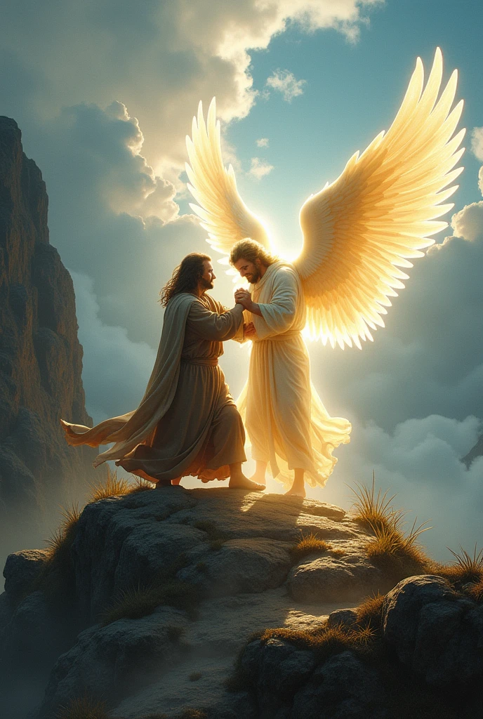 Holy man dressed in sackcloth wrestling with an angel on the mountain
