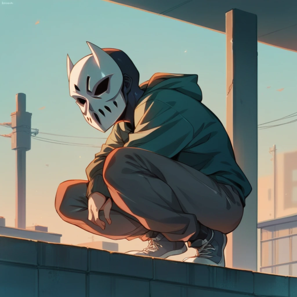 Woman with a Vendetta mask squatting on a rooftop