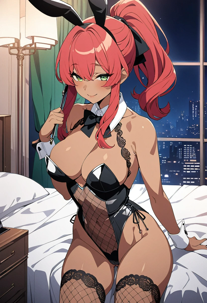 ((masterpiece)), ((best quality)), ((illustration)), ((anime coloring)), ((8k)), nsfw, vulgarity, (pointy breasts), narrow waist, (((sheer:1.3))), ((black detailed all net playboy bunny)), stockings, cute, a anime 20s female, ((dark skin:1.4)), red hair, green tale, ponytail, smile, ((front view)), bedroom, night,