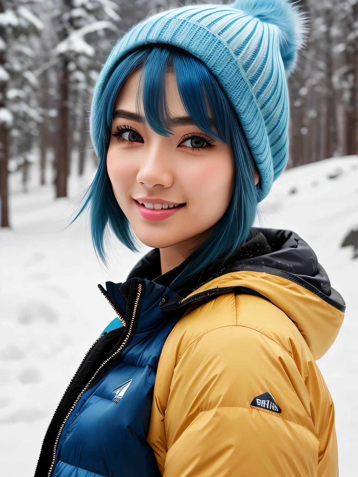 (blue hair:1.4), short hair, realistic green eyes, cobalt hair, long bob hair, tousled hair, shoulder length hair, Full body, woman with white skin and Asian features, 24 year old, big breast. She has a small, elegant nose with a slight upward curve at the tip. Her lips are full and naturally pink, with a well-defined Cupid's bow. Her teeth are straight and white, enhancing her captivating smile. Her face has an oval shape with high cheekbones that add to her model-like appearance. highly detailed glowing eyes, specular light, extreme quality, crystal clear, cute face, detailed skin pores, oil Dark skin, brown, complex eye details, 8K, ((high quality, 8K, Ultra HD, high quality, high quality, High resolution, realism)) 、A 22-year-old extremely beautiful white woman、smile、Slender but well-proportioned body、Background blur((depth of field))、Aerial perspective((atmospheric perspective))、I want my head to stay off screen、In snowy mountain forests、Wear suitable winter clothing for hiking、Wear winter trousers、Wear winter shoes、Carry a big backpack、Walking through the snow、Wear a knitted hat、Wear cold weather gloves、Lots of snow、Ice axe((Pickel))have, (short hair:1.3)
