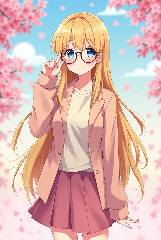 woman with straight blonde hair, adult, de corpo inteiro, wearing glasses and a Japanese chibi style smile drawing