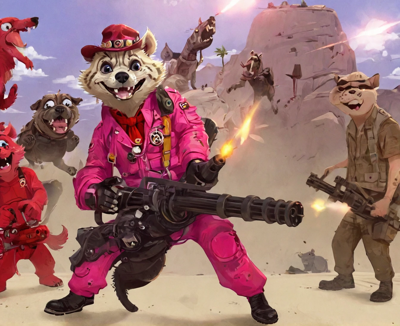 (Punk Rock Music Video Scene) White Tanuki Hyena, Circle Eye, Red Monster Pupils, Pug Mouth, red fedora, pink Speedsuit, red tie, Evil Happy, looking at viewer, holding Minigun, Desert, by Guillaume Singlin and Kaeit VanDorn \(skchkko\)