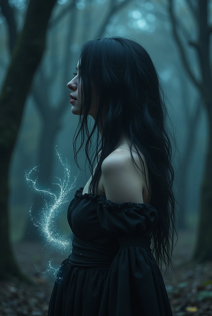 A mysterious woman with long black hair and her soul leaving her body
