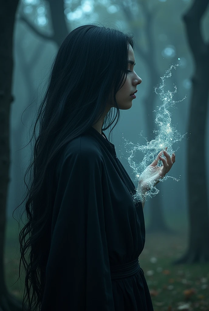 A mysterious woman with long black hair and her soul leaving her body