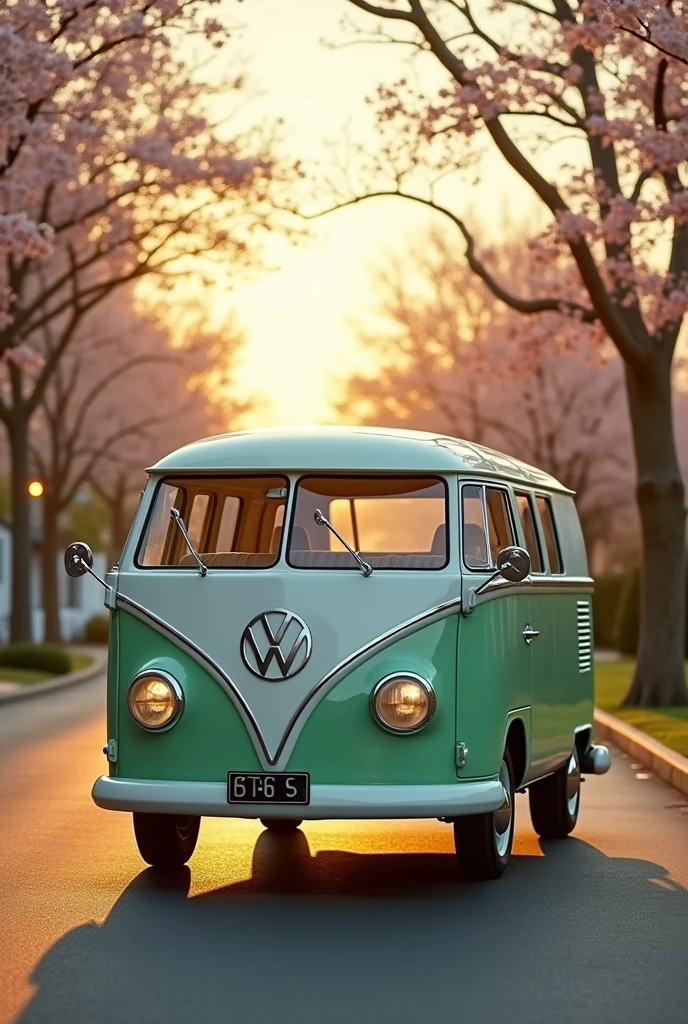 Modern van with pastel green and white colors that evoke nostalgia launch, front engine with a longer front, with cozy interior, leather seats, most modern tires