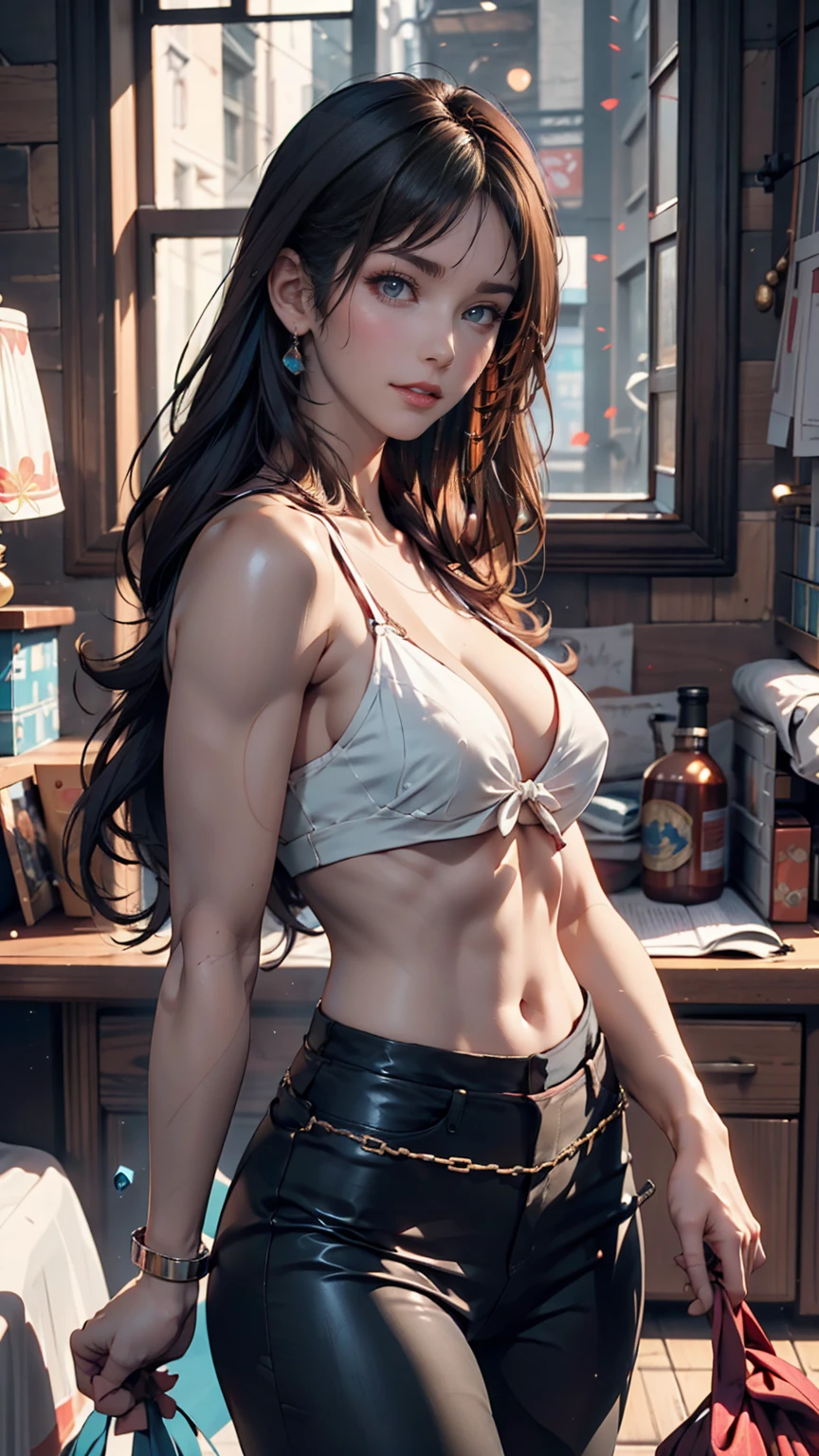 cyber punk, Movie Frame, Dystopian Future, Ultra-realistic, 8k, Vibrant, detailed, Zubrash, Manga illustration, Trending on Artstation, Peter Moerbacher, From wlop, Luan Jia, Alphonse Mucha, By Dmitry Prozorov, Norman Rockwell, 24-year-old woman、Attractive Young Woman, (Beautiful Face:1.1), detailedな目, Seductive lips, (eye make up:1.2), (Medium chest:1.0), (Toned body:1.2), Sexy proportions、Narrow waist