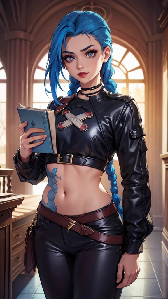Blue Haired Girl, Book, Arcanum, red-lips, Arcanum. Book, Girl with twin braids and blue color., Book, Arcanum, Book de Arcanum, Book usa uma blusa marrom com um 'x' no meio sa blusa, Arcanum, Book wears leather pants, estilos Arcanum, Book, Eyes pink