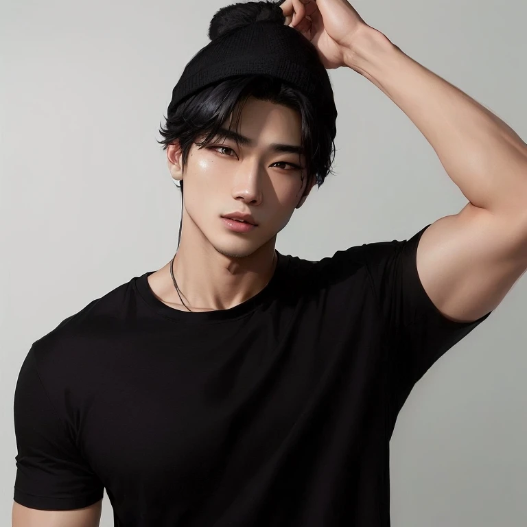 Arafed man with a black shirt and a black hat, asian man, South Korean man, he is Wearing a black t-shirt, inspired by Adam Dario Keel, male model, wearing black t-shirt, Wearing a black t-shirt, Handsome Chad Chin, black hat, handsome man, un handsome man，short black hair, Ryan Jia, Wearing a black t-shirt. realist, Chico, JUNGKOOK BTS 