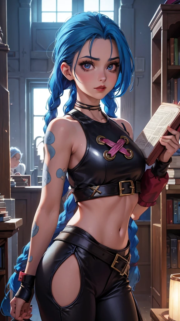 Blue Haired Girl, Book, Arcanum, red-lips, Arcanum. Book, Girl with twin braids and blue color., Book, Arcanum, Book de Arcanum, Book usa uma blusa marrom com um 'x' no meio sa blusa, Arcanum, Book wears leather pants, estilos Arcanum, Book, Eyes pink