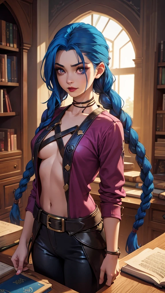 Blue Haired Girl, Book, Arcanum, red-lips, Arcanum. Book, Girl with twin braids and blue color., Book, Arcanum, Book de Arcanum, Book usa uma blusa marrom com um 'x' no meio sa blusa, Arcanum, Book wears leather pants, estilos Arcanum, Book, Eyes pink