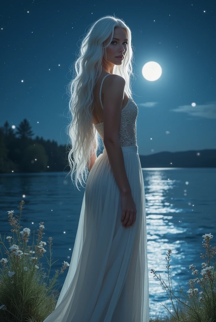 A woman who appears to be between 20 and 25 years old with fair skin, wide hips and long white hair on a clear night by a river, she is facing forward, full body.