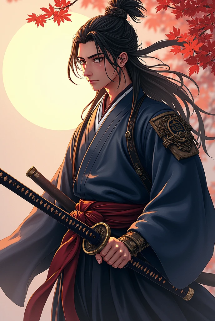 (Highest quality、 8k 、masterpiece、High resolution)、Japanese Samurai、1. Man、A young Edo period swordsman、Musashi Miyamoto、Dual-wielding master、Holding the hilt of a sword、Anime Art、(The blade is about 80cm long.、The stem is short, about 20 cm.、The sword has a rounded tsuba)、Official Art、Detailed CG、