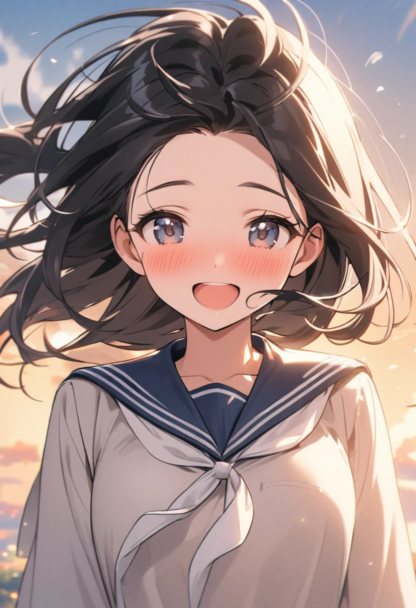 Front view、Black Hair、Bangs rising、The wind blows from the front、Forehead、Sailor suit、Upper Body、Blushing、1 face、smile、Fall in love、shy、