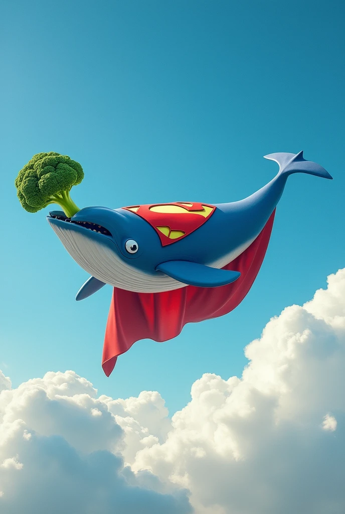 A whale dressed as Supergirl, eating a broccoli 
