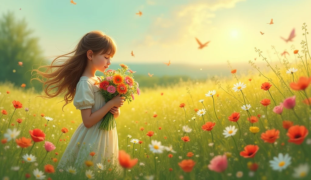 Cindy'impression, dreamy, Field, girl holding flowers, Looks cool,