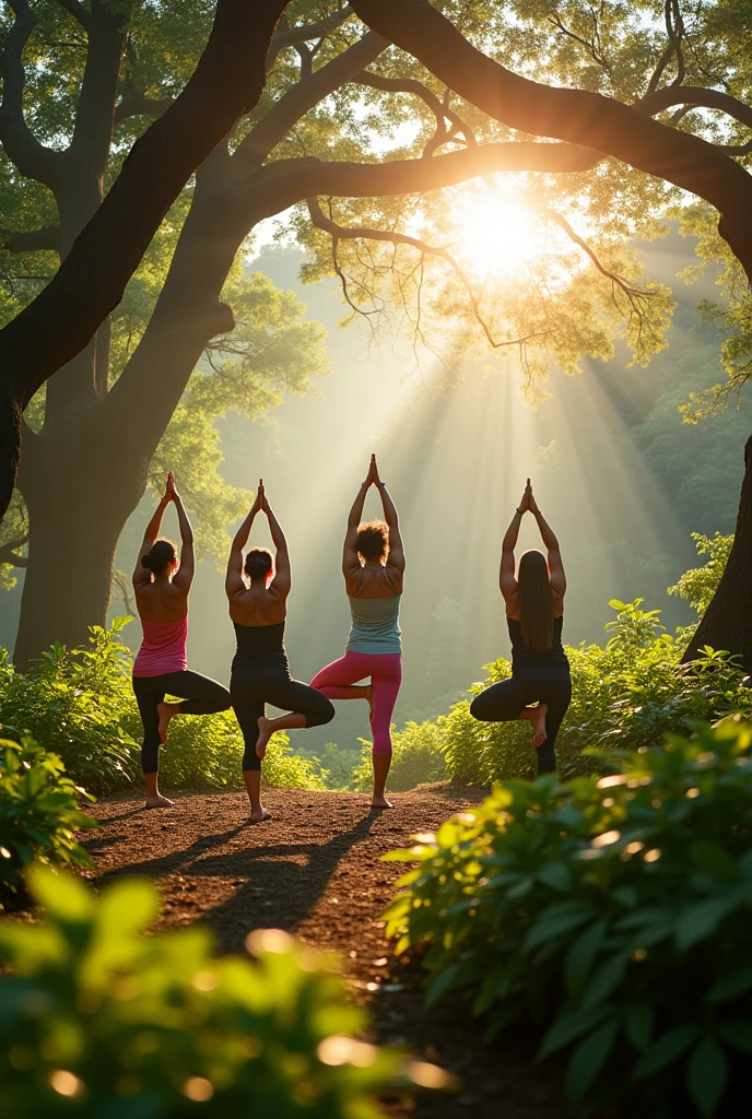 five yogis doing yoga in the sirsasana pose in the Forest at 8 am