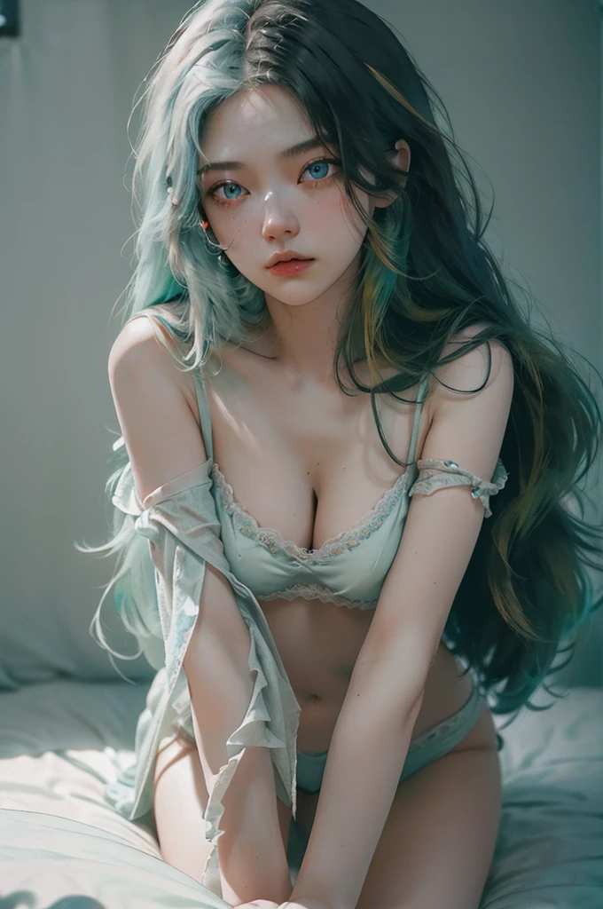 character, female, ((17 year old)),realistic (reality))), ((((1girl)))), long thick hair, wearing pastel green lingerie bikini, (( in bed.)) white silk sheets + pillow case [[ laying on the bed enticing pose]] (split-color hair, hair color slight Red mixed with black and pastel green mixed with black,)) long EYELASHES (((Split-colored eyes color blue and green,)) hair censorship, ((add_detail:1)) soft and delicate depiction, ((beautiful delicate Russian woman)) (High Dynamic Range), Ray Tracing, NVIDIA RTX, Super-Resolution, Unreal 5, Subsurface Scattering, PBR Textures, Post-Processing, Anisotropic Filtering, Depth of Field, Maximum Sharpness and Clarity, Multi-layer Textures, Albedo and Highlight Maps, Surface Shading, Accurate simulation of light-material interactions, perfect proportions, Octane Render, two-color light, large aperture, low ISO,((MFBP1))((various pose and facial expression)) nipple