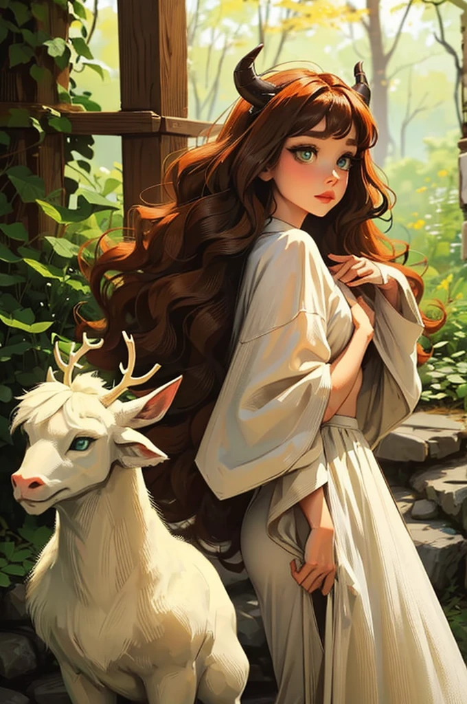 dungeons and dragons satyr. female. white deer horns. curly ginger hair. dark green eyes. casual clothes.