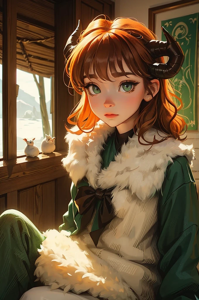 dungeons and dragons satyr. female.  white deer horns. curly ginger hair. dark green eyes. casual clothes.