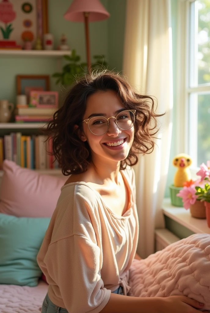 An cutecore brunette, with curly hair and glasses anime hot woman in a room