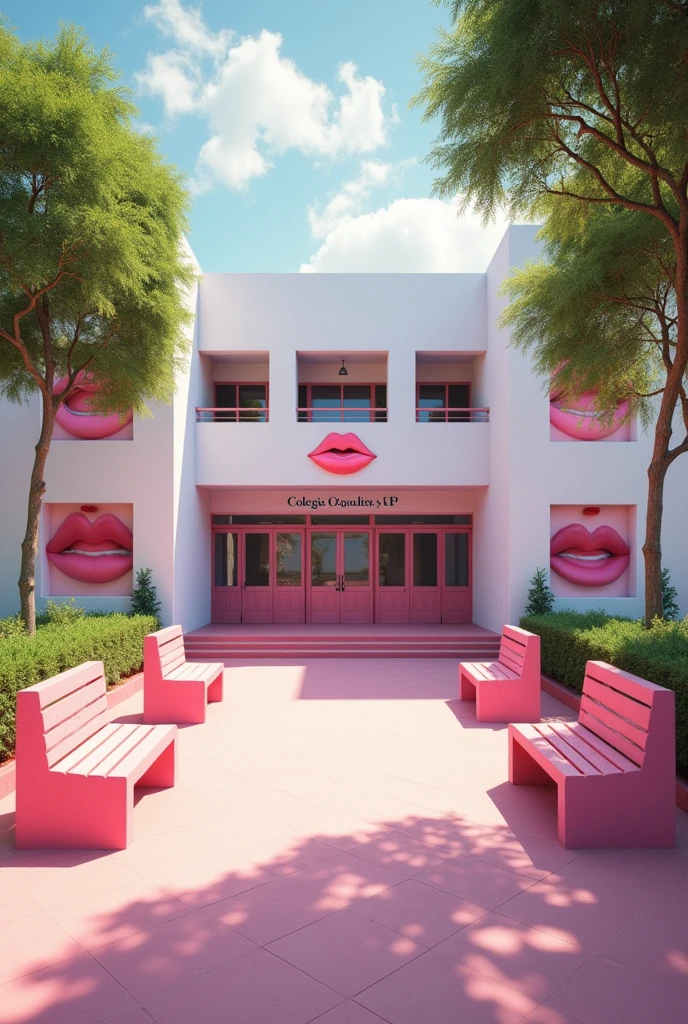 (photorealism:1.2) Looking at an Empty in a pink girls' school inside yard, from the main entrance of a pink and white modern school building with pink benches, clean in good shape, the sign "Colegio Coquetas" and the signs of many kisses 💋 on the walls, not childish drawings on the walls, realistic, intricate details