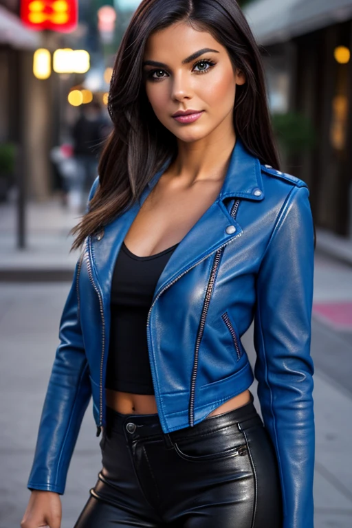 Best quality, realistic, from the front in first person, on the streets of Los Angeles, (a female mexican Supermodel), (sexy blue leather jacket:1.1), split, seductive smile, (dark hair), (hairstyle:1.0), Perfect eyes, sharp parts, detailed face, face-makeup, cheeks turn red, Eyeliner, eyeshadow, lip gloss, leather pants, boots, Supermodel, (Deep Focus), (hard lighting), (Night time), (realistic lighting:1.0)
