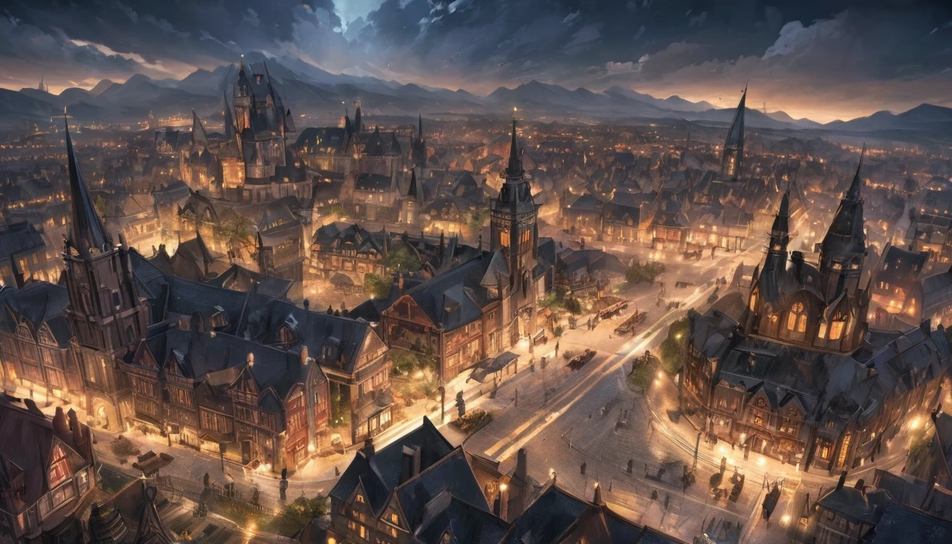 aerial view, epic scene, stage lighting, A Victorian-era town with a touch of fantasy scenery.
