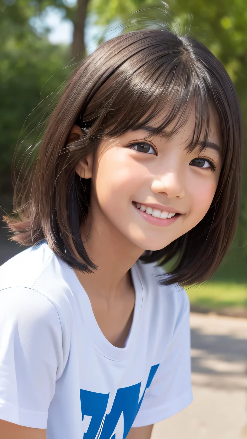Highest quality、Realistic、、zoom、、Girl、look up、cute、Light grey eyes、Black Hair、Short Hair、boyish、Tanned brown skin、Dark Skin、Light Blue T-Shirt、A big smile、Face close-up、thin