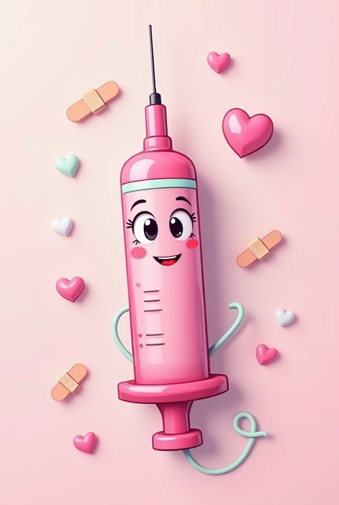 Generate a cartoon syringe for cut-out in pink color with green border
