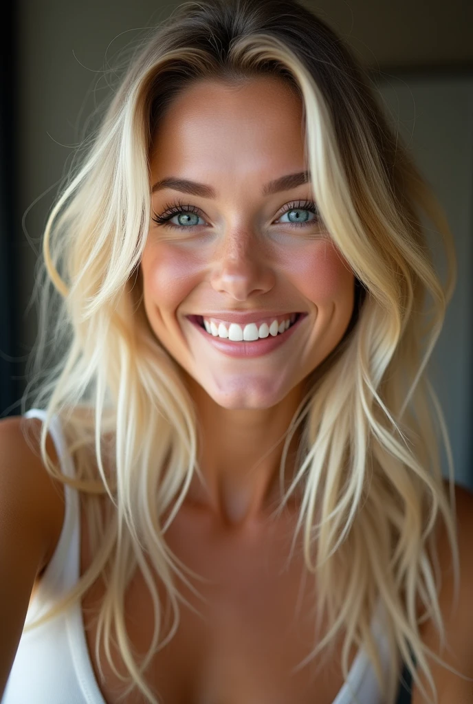 Beautiful 24 year old blonde girl with blue eyes taking a selfie extremely detailed, realistic, photorealistic, high quality, 4k, 8k, masterpiece, ultra detailed, vivid colors, HDR, studio lighting, sharp focus, physically based rendering, professional portrait