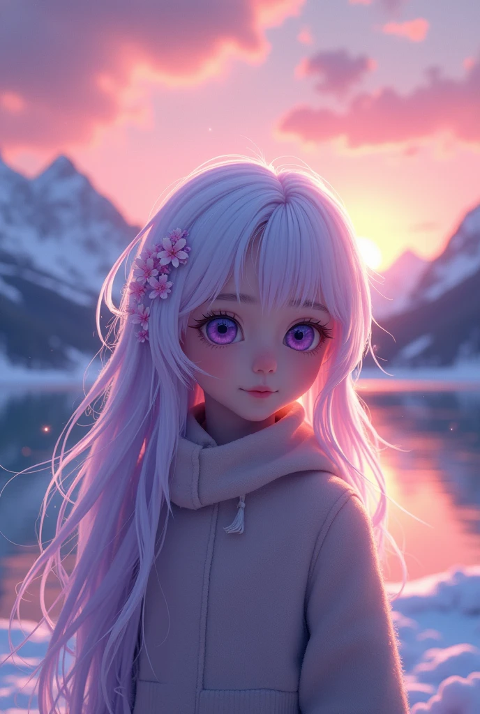 Boy, high cold, white purple gradient long hair, hair with flowers, mountains, lake, sunset, snow, Chinese cabin, movie lighting, brilliant light purple eyes, facing the camera, high resolution, delicate facial features, front lighting, 3D, 8K, extremely delicate illustrations, intricate and detailed details, extremely high quality