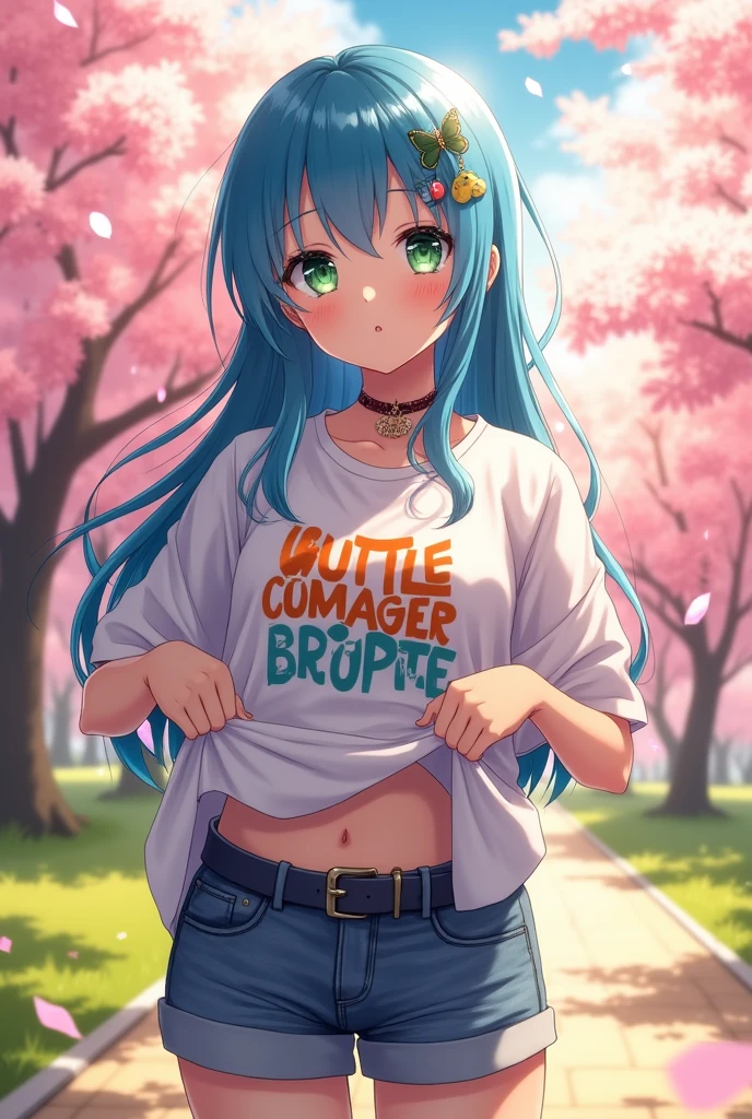 Anime girl with big breasts lifting her shirt