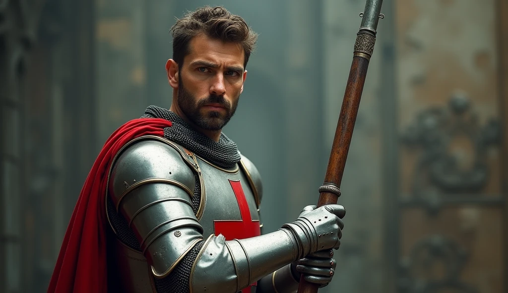 In a dynamic YouTube thumbnail, a highly realistic Saint George is portrayed in the corner, with a blurred background that highlights his figure. His facial features, marked by courage and determination, reflect his heroic spirit. Clad in gleaming armor with a red cross and holding a lance, the saint’s detailed attire and intense gaze create a powerful impression. The thumbnail’s focus on his expression and the intricate details of his armor invite viewers to explore his legendary battle against the dragon.