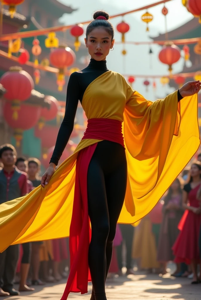 Create an sketch drawing of a person wearing black long sleeve and leggings with an overlay of yellow fabric on the shoulder and red fabric in the waist for folk dance contest (singkil)