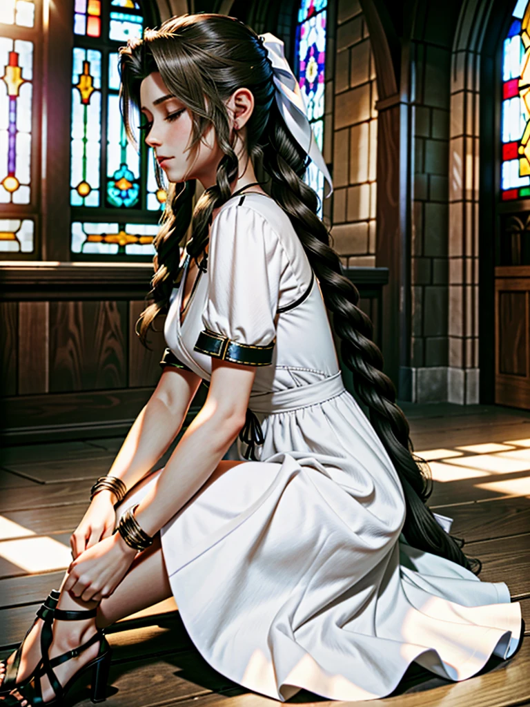(highest quality,4k,8k,High resolution,masterpiece:1.2),super detailed,(realistic,photorealistic,photo-realistic:1.37),Aerith FF7, 1 girl, alone, long hair, chest, looking at the viewer, large chest, brown hair, black dress, bow, ribbon, jewelry, medium chest, green eyes, hair ribbon, Braid, flower, short sleeve, hair bow, side lock, parted lips, open clothes, bracelet, From the side, open , lips, Depth of the bounds written, white flower, black dress, full body shot, longlegs, black platform high heels sandals, Braided ponytail, realistic, nose, dappled sunlight, leaning forward,full body shot, with closed eyes, closed mouth, With hands folded in a prayer pose、Inside the church, Inside the chapel, stained glass window, The composition is bathed in light from the ceiling.