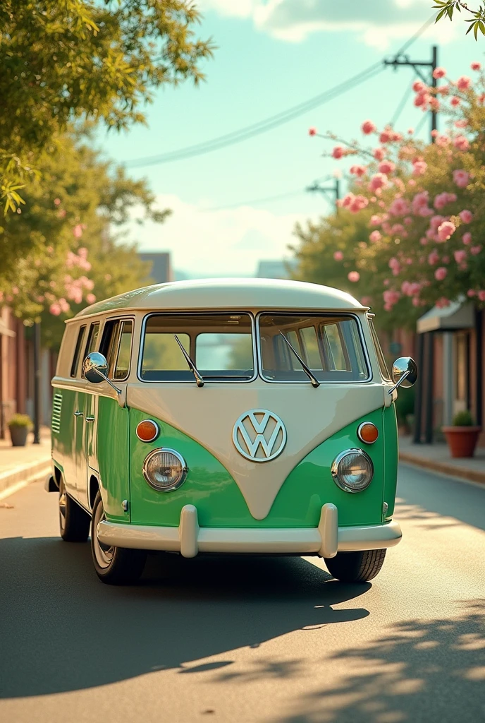 Modern van with pastel green and white color that evokes nostalgia, launching in 2025, front engine with a longer front, with cozy interior, leather seats, most modern tires 