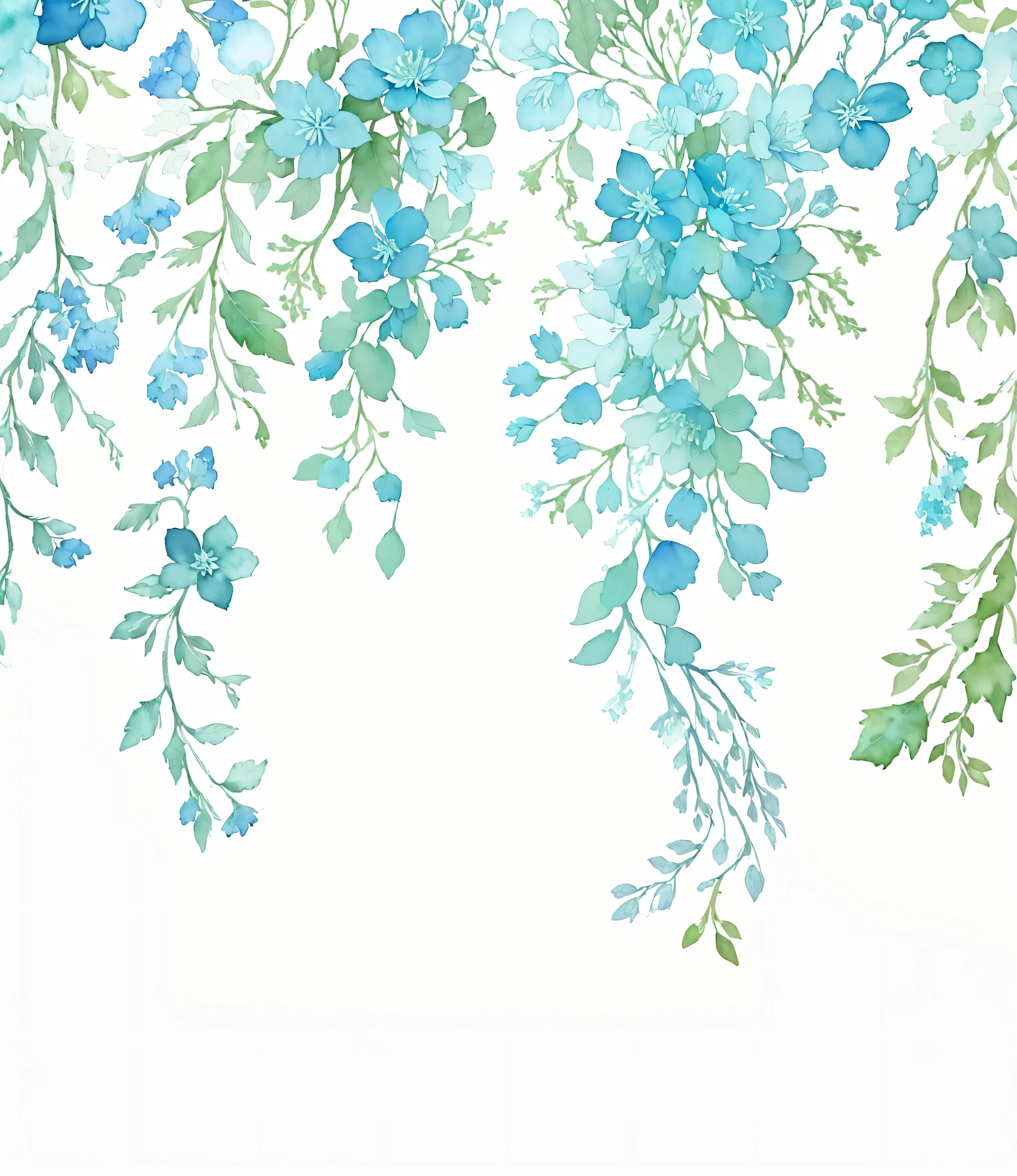 There is a watercolor,The painting depicts a bouquet of blue flowers, boho floral grapevine, grapevine and blue foliage, Plant Background, grapevine. Tiffany Blue, Fondo pintado floral, fine background proportionate, Watercolor background, green and blue, floating. greenish-blue, branches and foliage, Fantasy floral background, lush garden foliage and blossoms, flowers and foliage, Beautiful high resolution