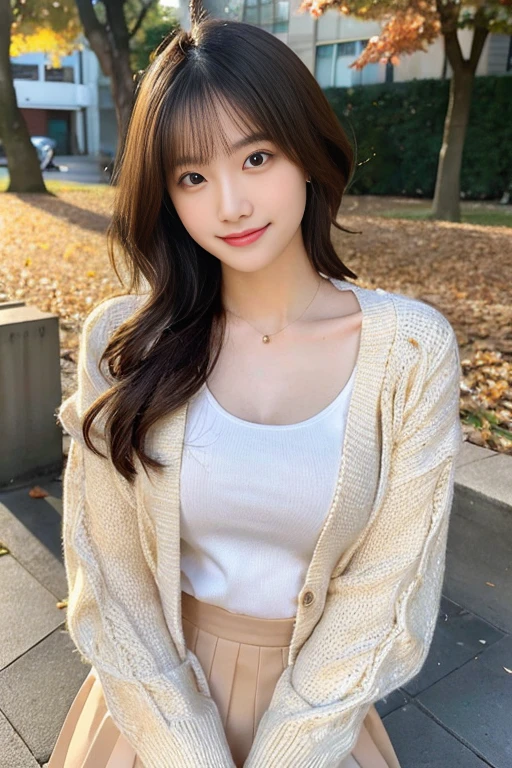 Golden Ratio,Highest quality, Soft Light, Ultra-high resolution, RAW Photos, Japanese, alone, cute, Beautiful face in every detail,(High resolution detail of human skin texture), Outdoor, (Portraiture),autumn,smile,18-year-old,Short hair with outward curls、cardigan、Office Casual、Long skirt,High heels,elegant,Professional photography, smile, (Look at me),