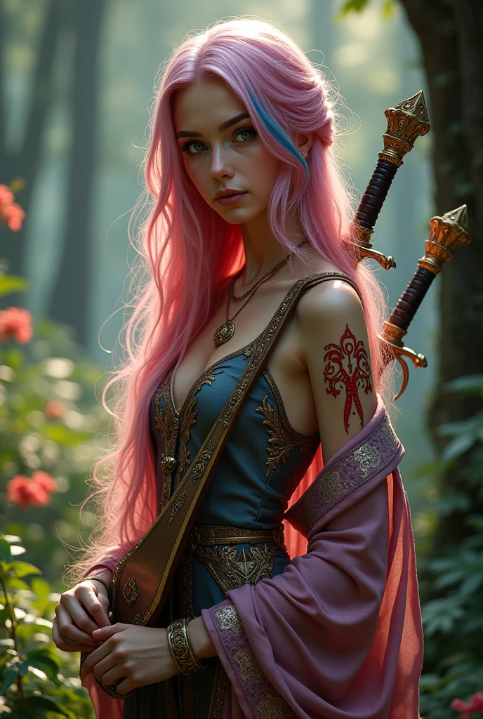 A very beautiful and young girl, Her hair is extremely pink and she has two blue streaks, Your skin is white and delicate, and you have red magical symbols on your shoulder and neck that are like tattoos., Her clothes are very elegant and chic, demonstrating wealth, She is the daughter of a fairy and carries with her her lute and two beautiful delicate swords. She is a bard and loves music., She's always with her mandolin in hand and her beautiful swords on her back.