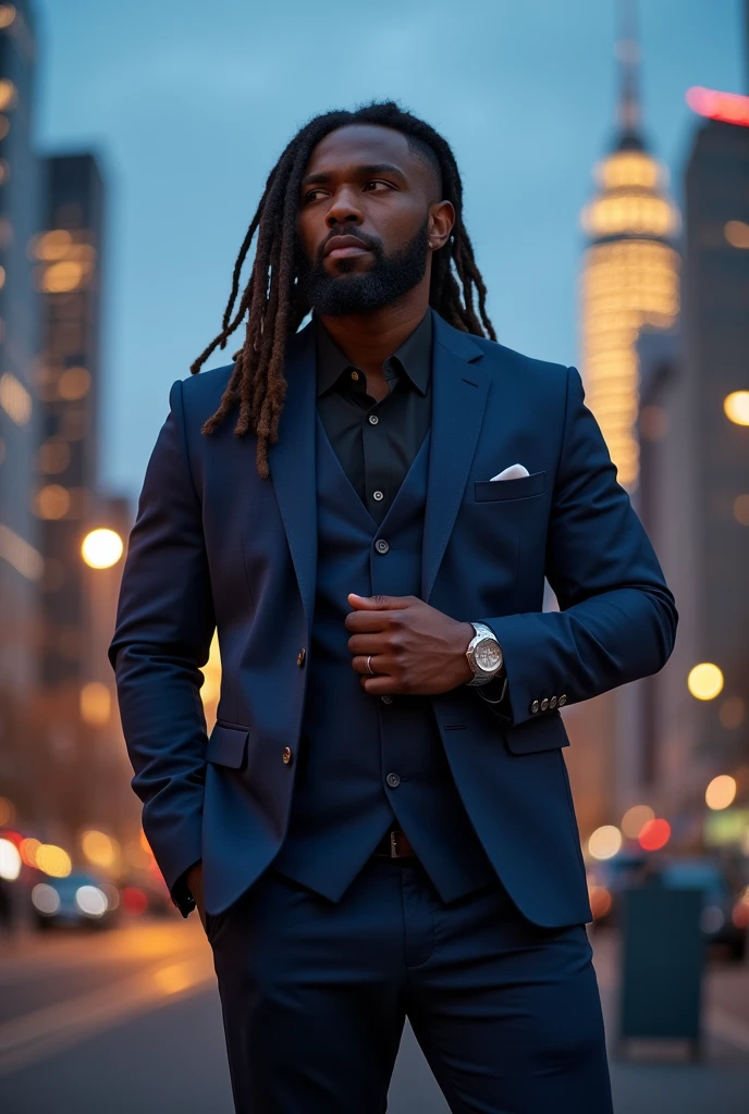 homem negro forte, com barba e dreads marrom, with suit