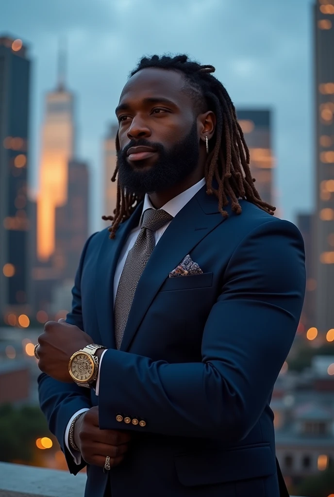 homem negro forte, com barba e dreads marrom, with suit