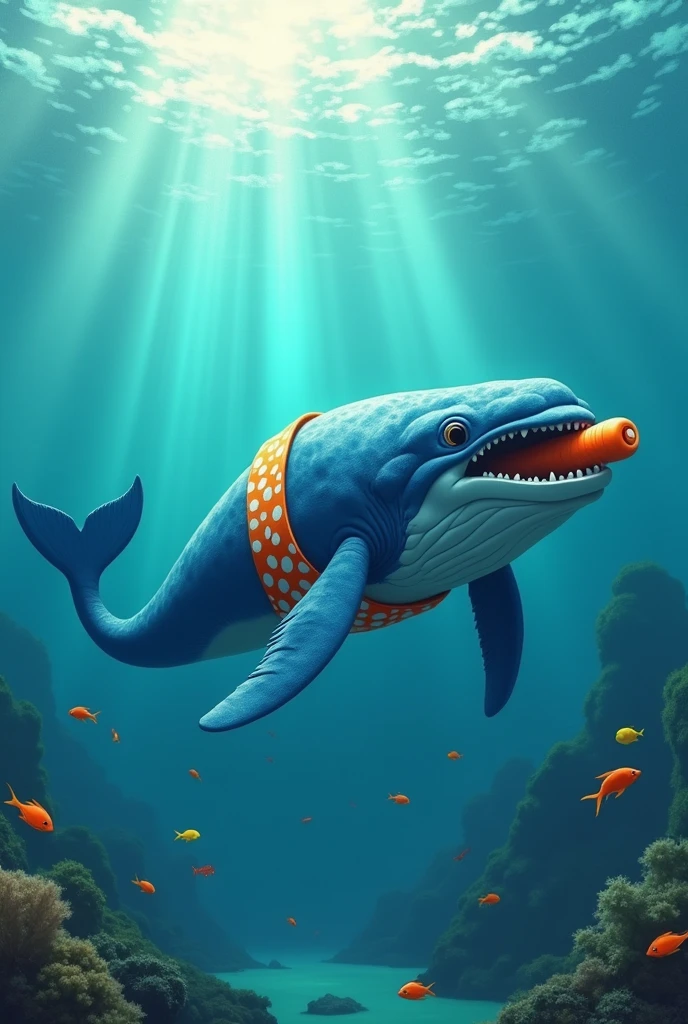 A whale dressed in a bikini, eating a carrot