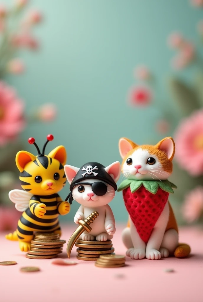 3 clay kittens, one dressed as a bee, the second dressed as a pirate and the last one with a strawberry cone, that they are a little bit separated and look fancy 