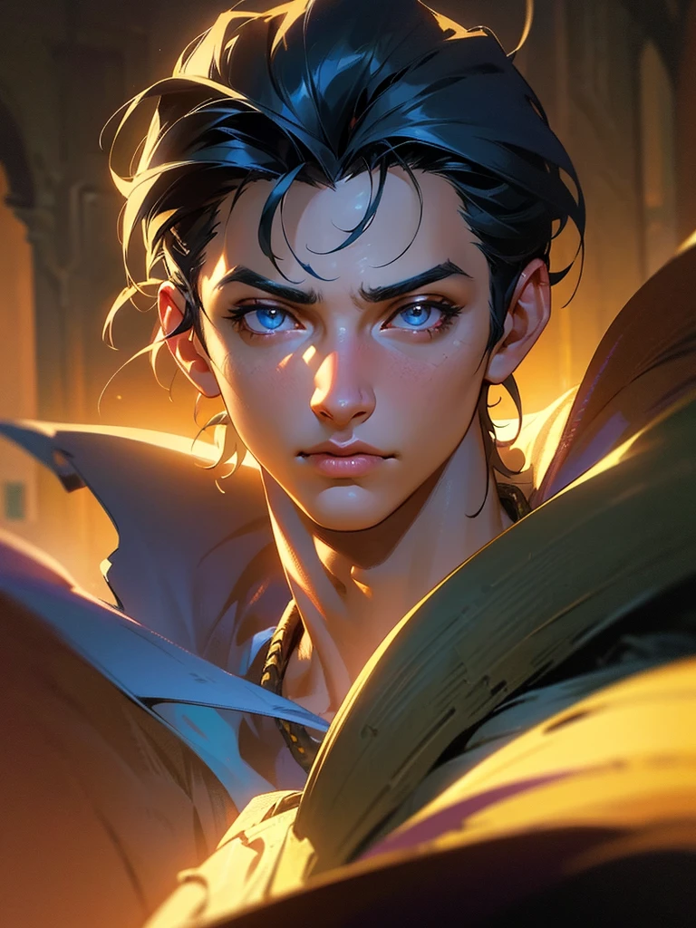 a calm teenage boy, villain, adventurer, detailed facial features, detailed eyes, detailed nose, detailed lips, high quality, 8k, hyper realistic, photorealistic, cinematic lighting, dramatic lighting, dark moody atmosphere, fantasy, science fiction, concept art style, intricate details, dramatic shadows, vibrant colors, warm color palette