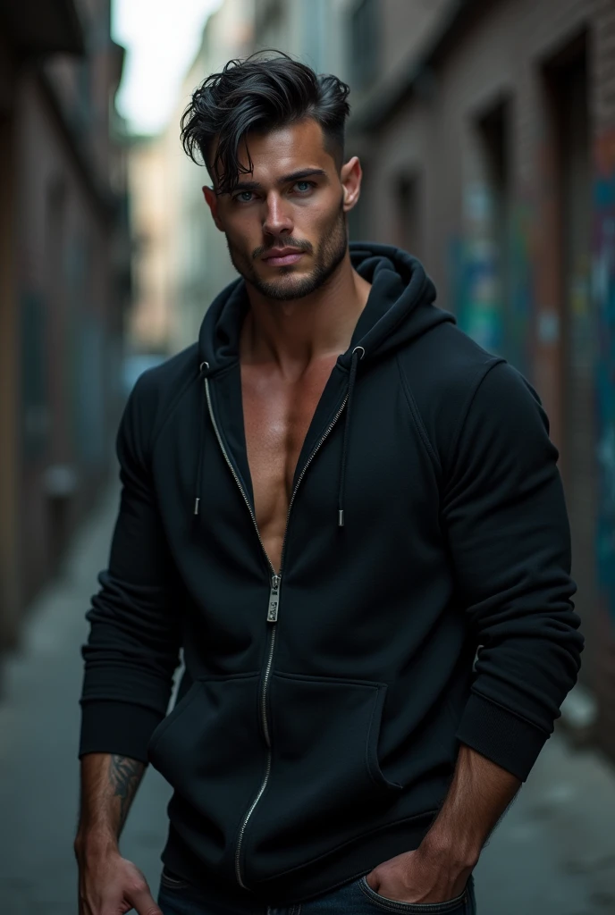 Handsome europe man with huge muscles, unreal blue eyes, pale skin, dark black hair, huge veins, black hoodie.