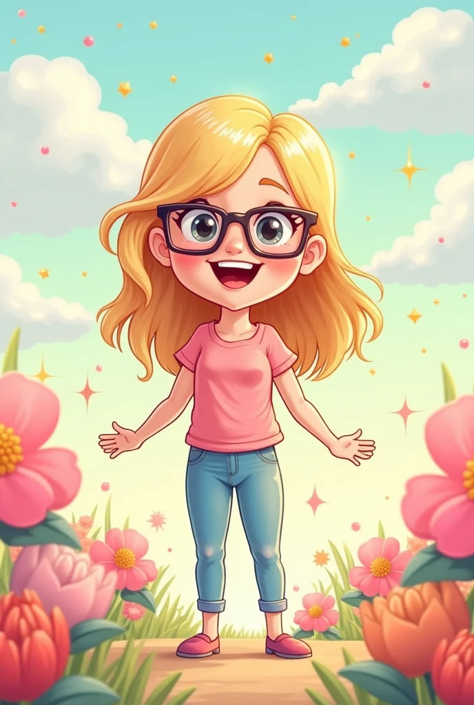 woman with straight blonde hair, adult, de corpo inteiro, wearing glasses and smiling in a chibi cartoon style, full body drawing wearing pants and shoes