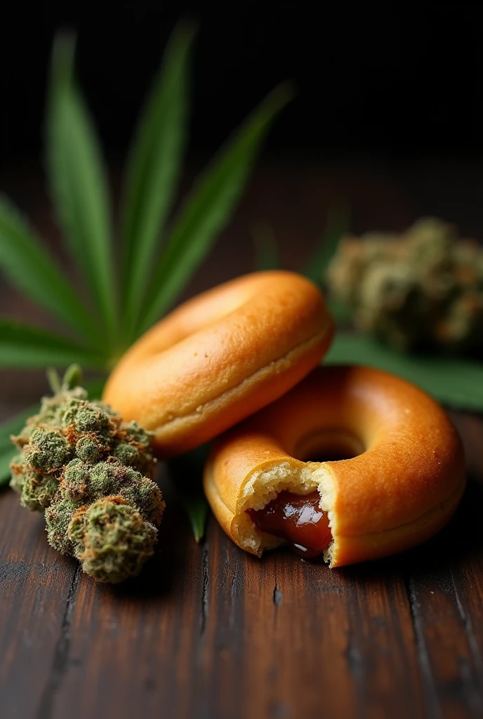 Two Brawnis with arequipe filling in the middle of each one and next to it a cannabis flower, the bottom to be a dark and