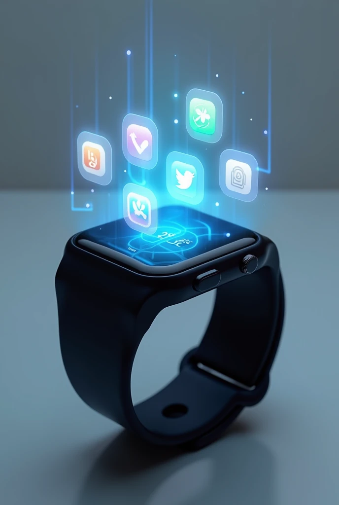 Make a nutritional smartwatch with a mini hologram that shows 5 apps with exercise functions, help, pest control, allergy alerts and diet creation with light background the black watch and the light blue transparent hologram more technological and square the apps can be colorful